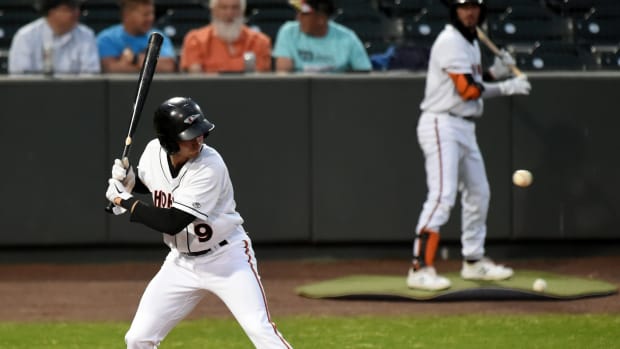 Delmarva Shorebirds' Hudson Haskin waits for the pitch in the opening day game against Salem Red Sox Tuesday, May 4, 2021, at Perdue Stadium in Salisbury, Maryland. Bbm Delmarva Shorebirds Salem Red Sox  